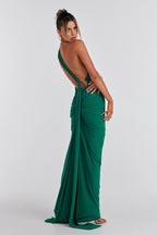 Women's Open Back Halter Column Maxi Dress with Train