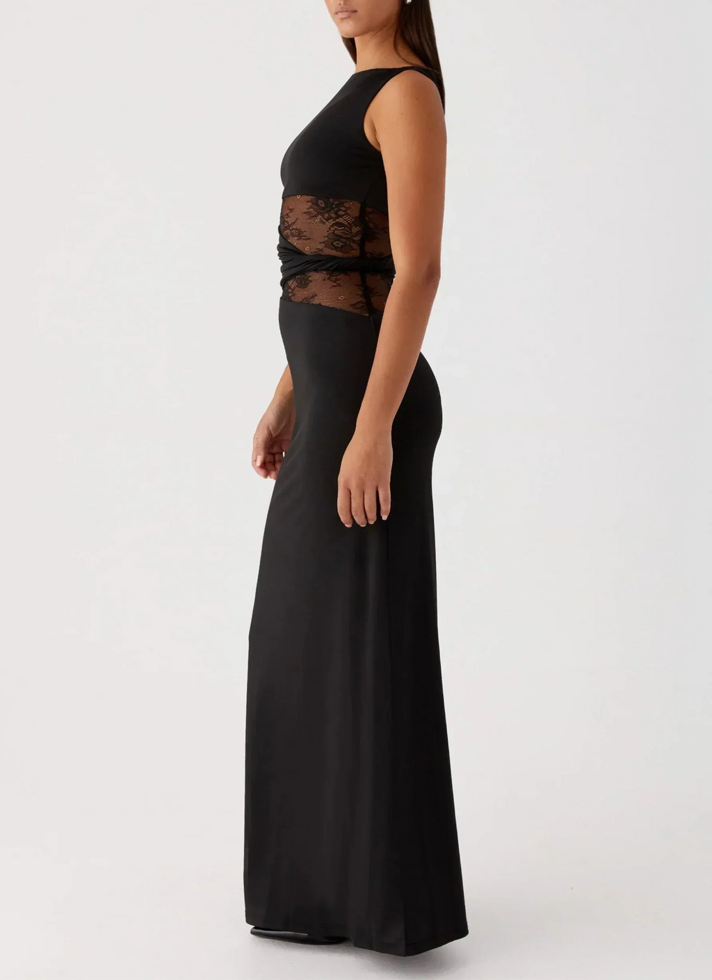 Women's Sleeveless Mesh Cutout Maxi Dress with Fitted Silhouette