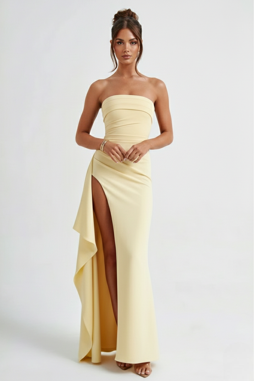 Women's Strapless Maxi Dress with High Split and Draped Panel