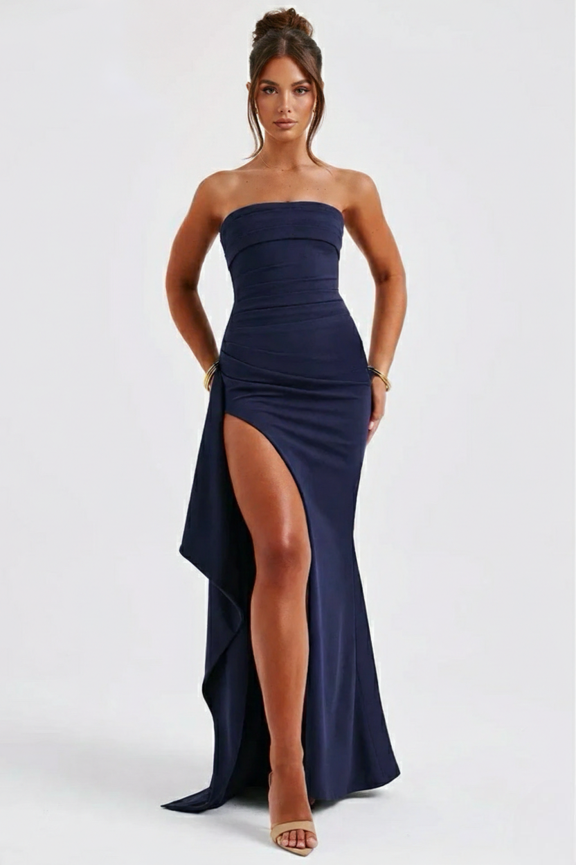 Women's Strapless Maxi Dress with High Split and Draped Panel