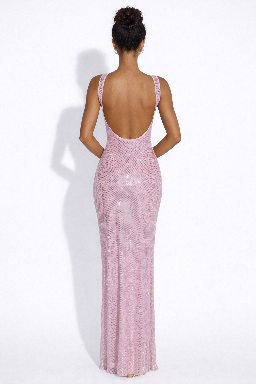 Women's Square Neck Sequin Maxi Dress with Open Back Design