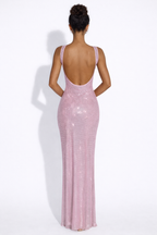 Women's Square Neck Sequin Maxi Dress with Open Back Design