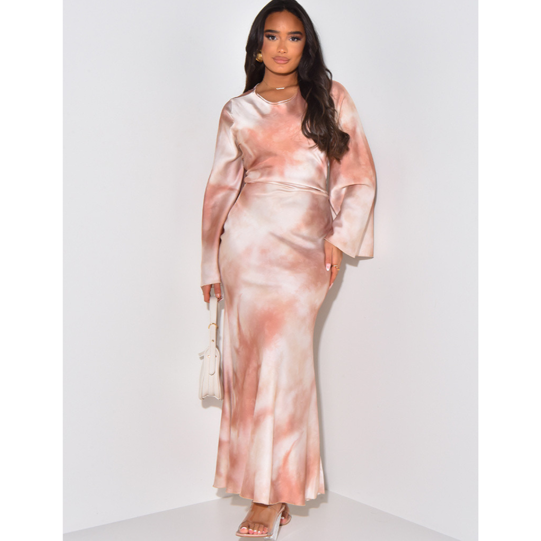 Women's Tie Dye Satin Maxi Dress with Long Sleeves
