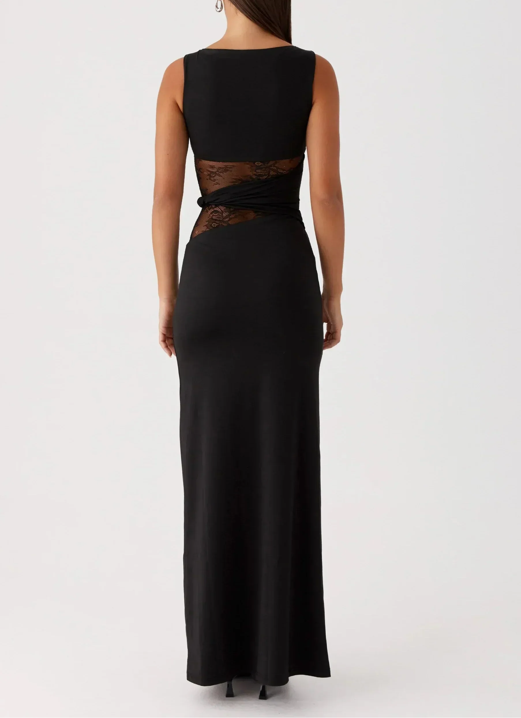 Women's Sleeveless Mesh Cutout Maxi Dress with Fitted Silhouette