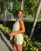 Backless Halter Mini Dress With Fringe Hem