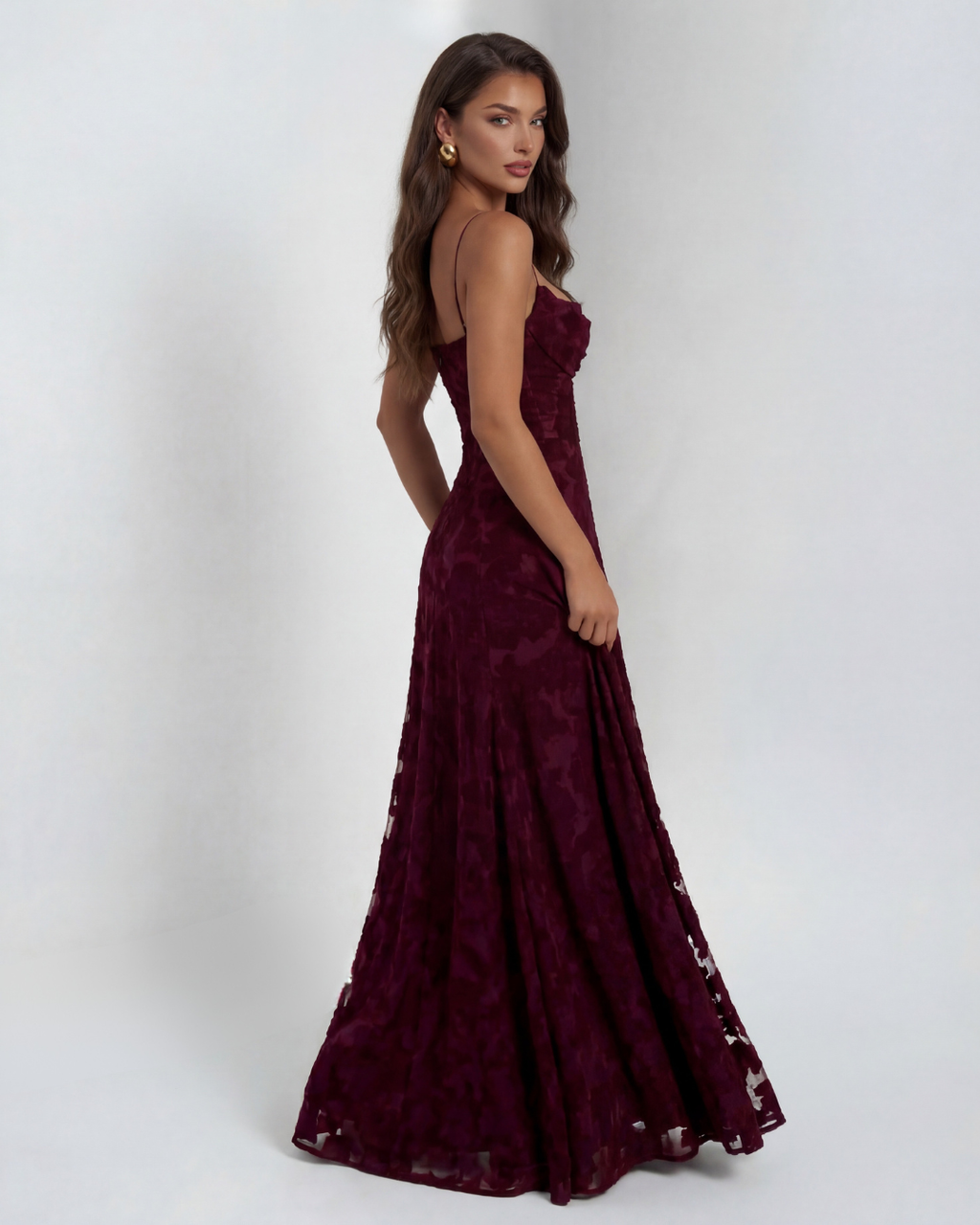 Women's Long Floral Dress with Straight Neckline and Wide Hem