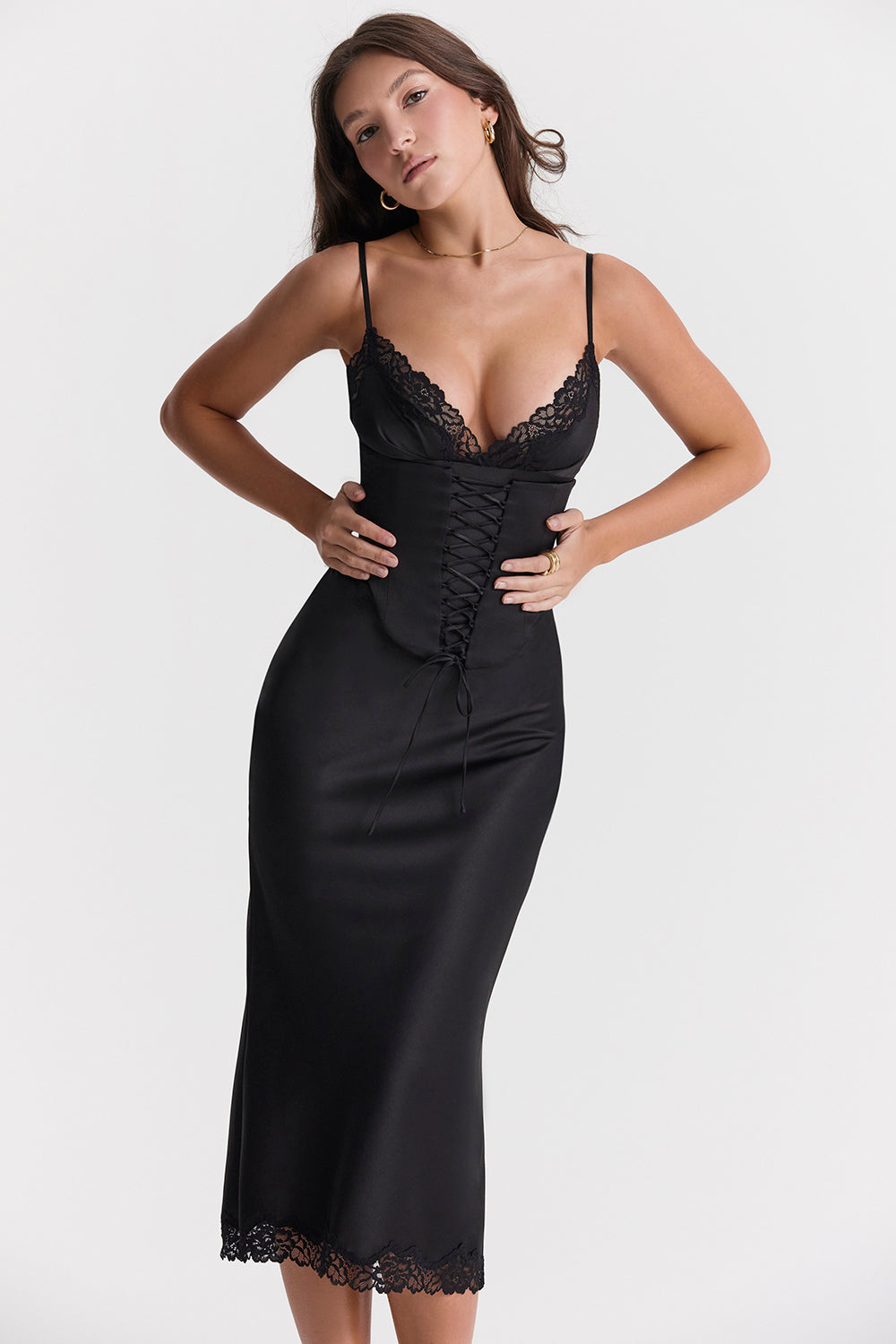 Lace Bodice Spaghetti Strap Midi Dress
