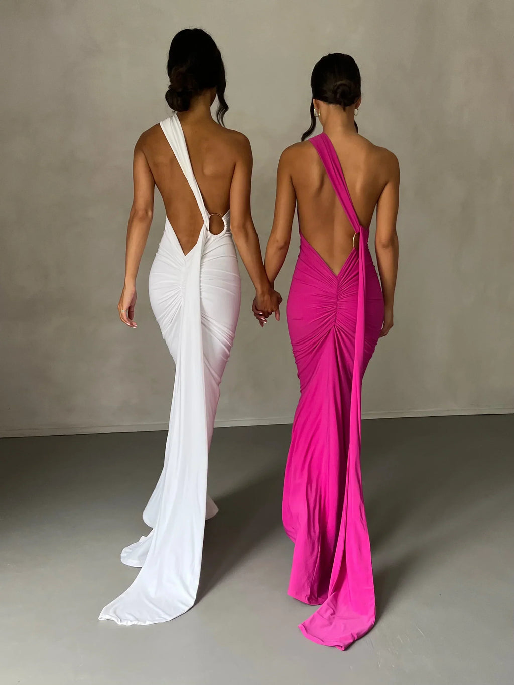 Women's Open Back Halter Column Maxi Dress with Train