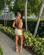 Backless Halter Mini Dress With Fringe Hem