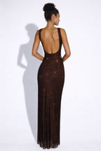 Women's Bodycon Maxi Dress Wide Straps Scoop Back Sequin Detail