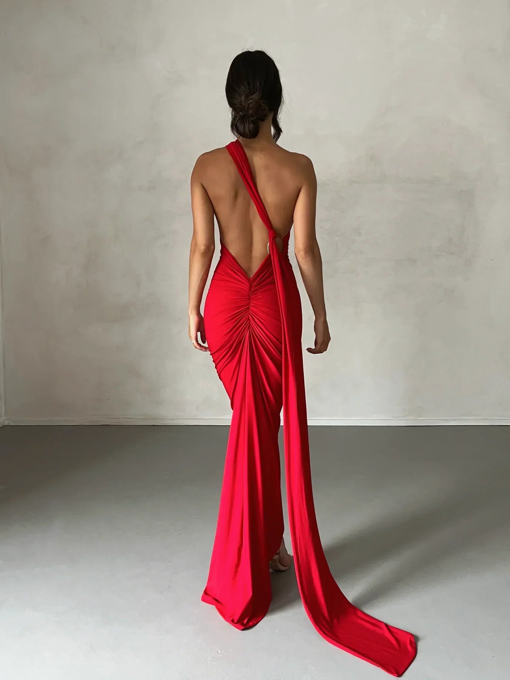Women's Halter Neck Open Back Maxi Dress with Scarf Detail