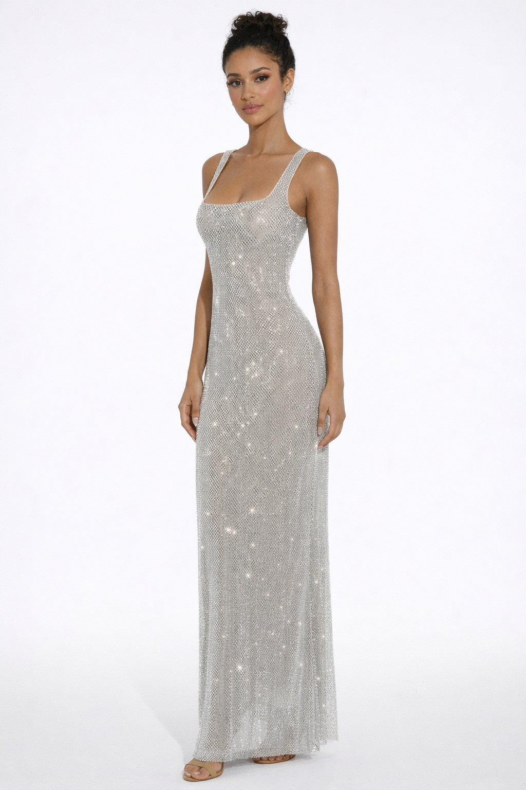 Women's Bodycon Maxi Dress Wide Straps Scoop Back Sequin Detail