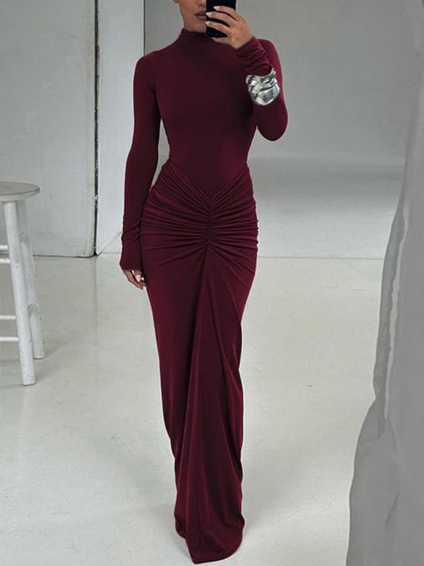 Women's Long Sleeve Fitted Maxi Dress with Gathered Waist Detail