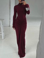 Women's Long Sleeve Fitted Maxi Dress with Gathered Waist Detail