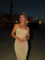 Women's Fitted Maxi Dress with Square Neck and Side Slit