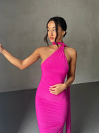 Women's Halter Neck Open Back Maxi Dress with Scarf Detail