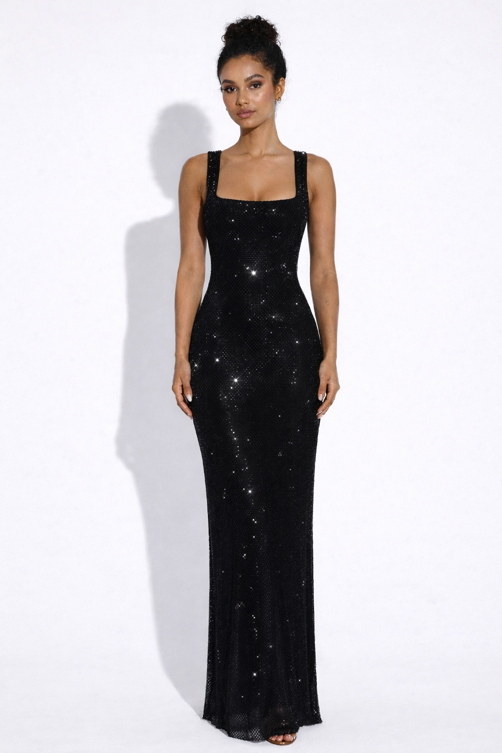 Women's Square Neck Sequin Maxi Dress with Open Back Design