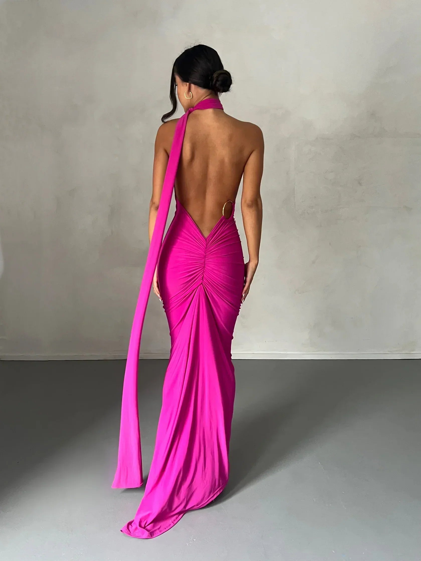Women's Halter Neck Open Back Maxi Dress with Scarf Detail