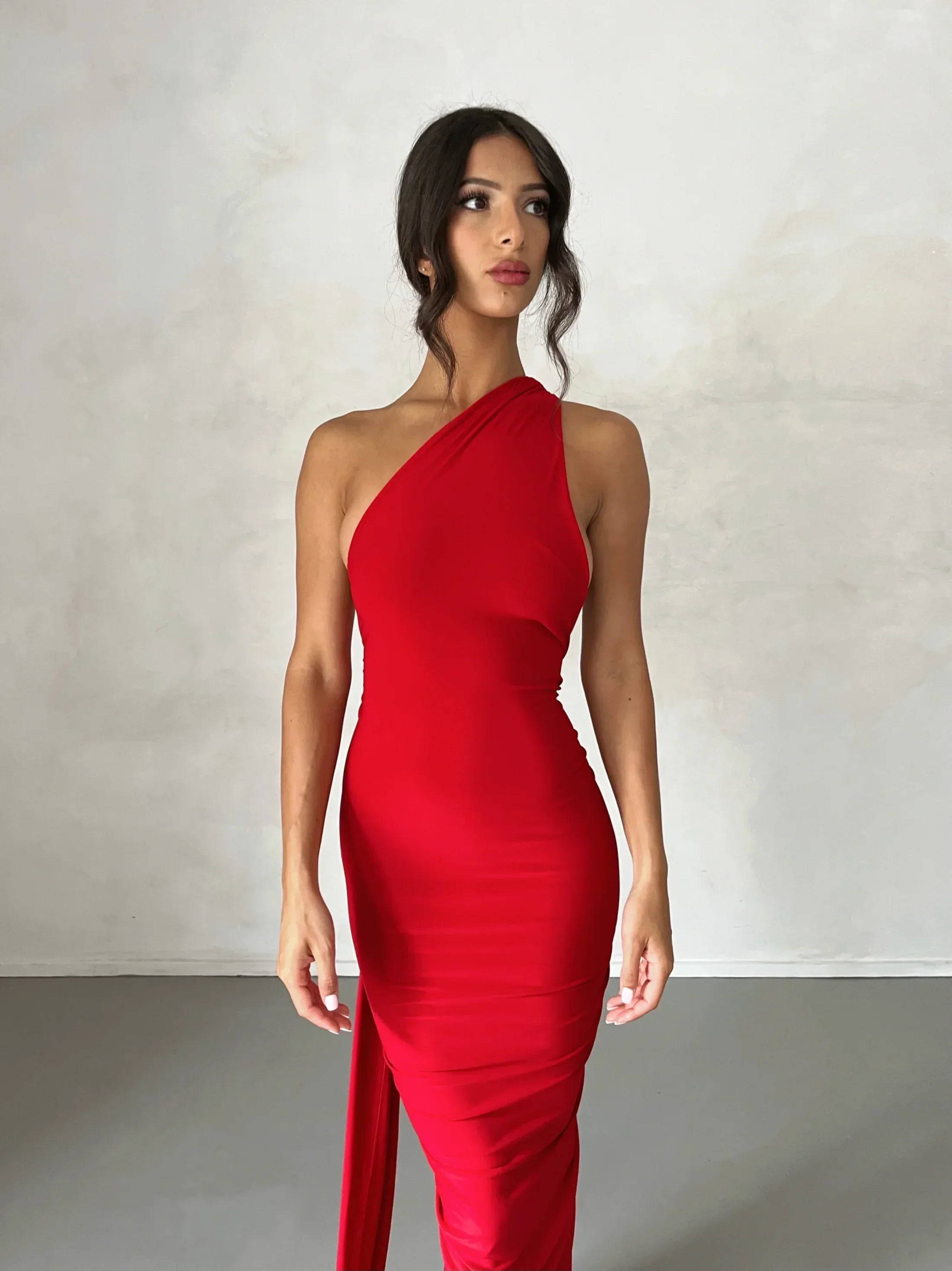 Women's Open Back Halter Column Maxi Dress with Train