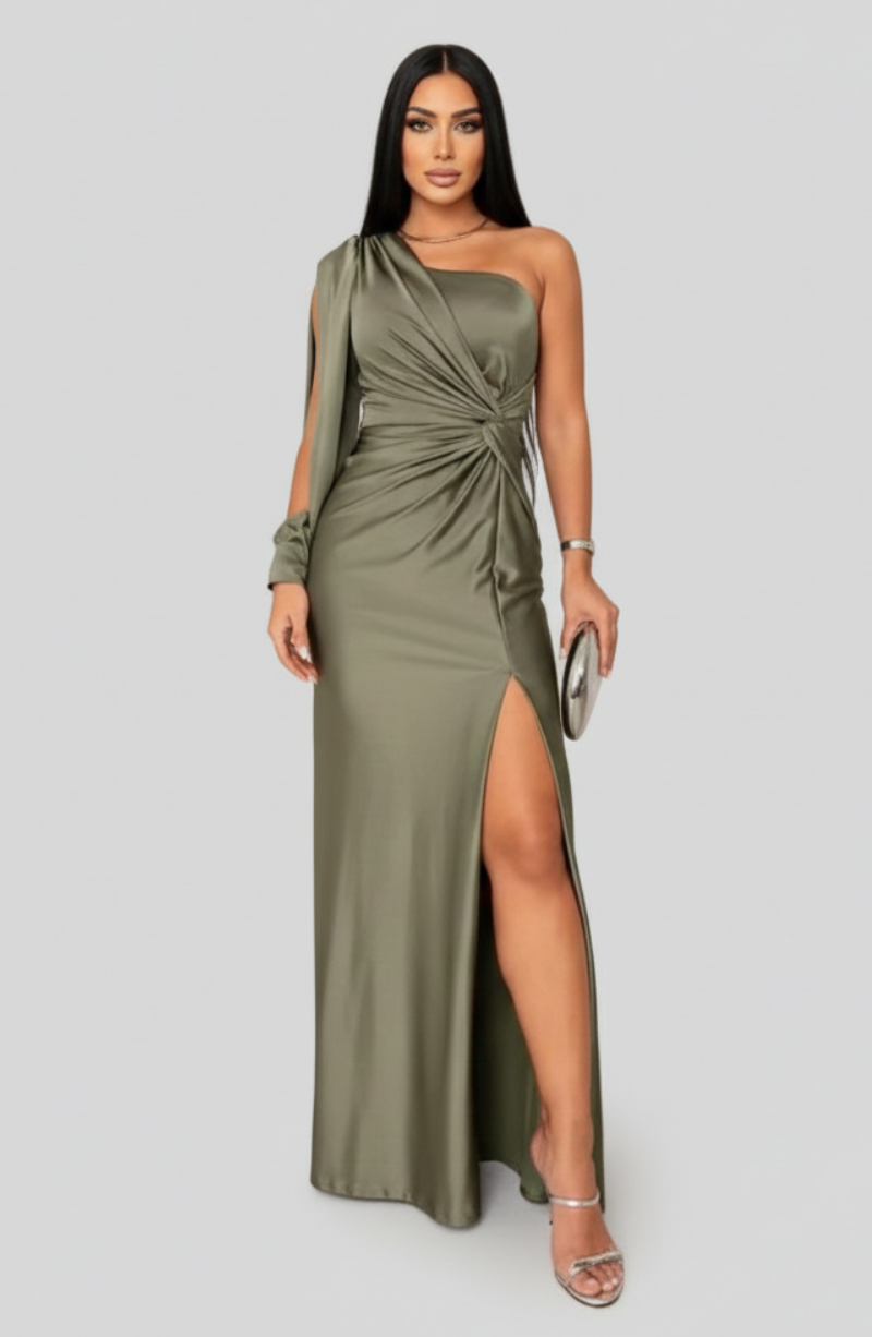 Women's Asymmetric Maxi Dress with Side Split and Long Sleeve