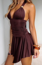 Ruched Halter Neck Fit And Flare Dress