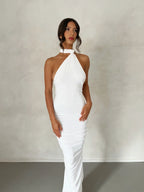 Women's Open Back Halter Column Maxi Dress with Train