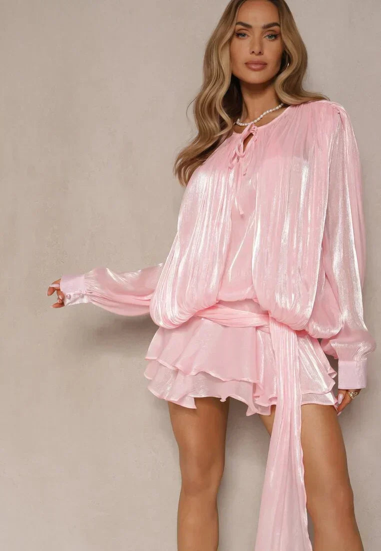 Asymmetric Neck Ruffle Mini Dress With Tie