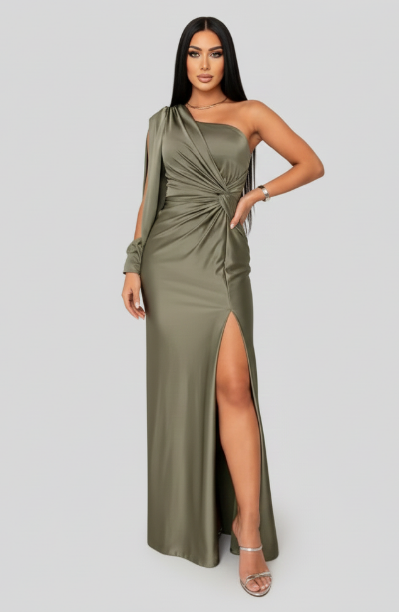 Women's Asymmetric Maxi Dress with Side Split and Long Sleeve