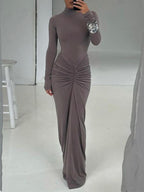 Women's Long Sleeve Fitted Maxi Dress with Gathered Waist Detail