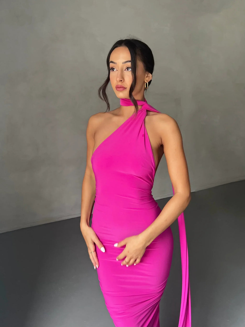 Women's Open Back Halter Column Maxi Dress with Train