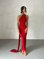 Women's Halter Neck Open Back Maxi Dress with Scarf Detail