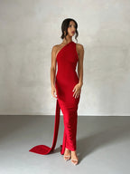 Women's Open Back Halter Column Maxi Dress with Train