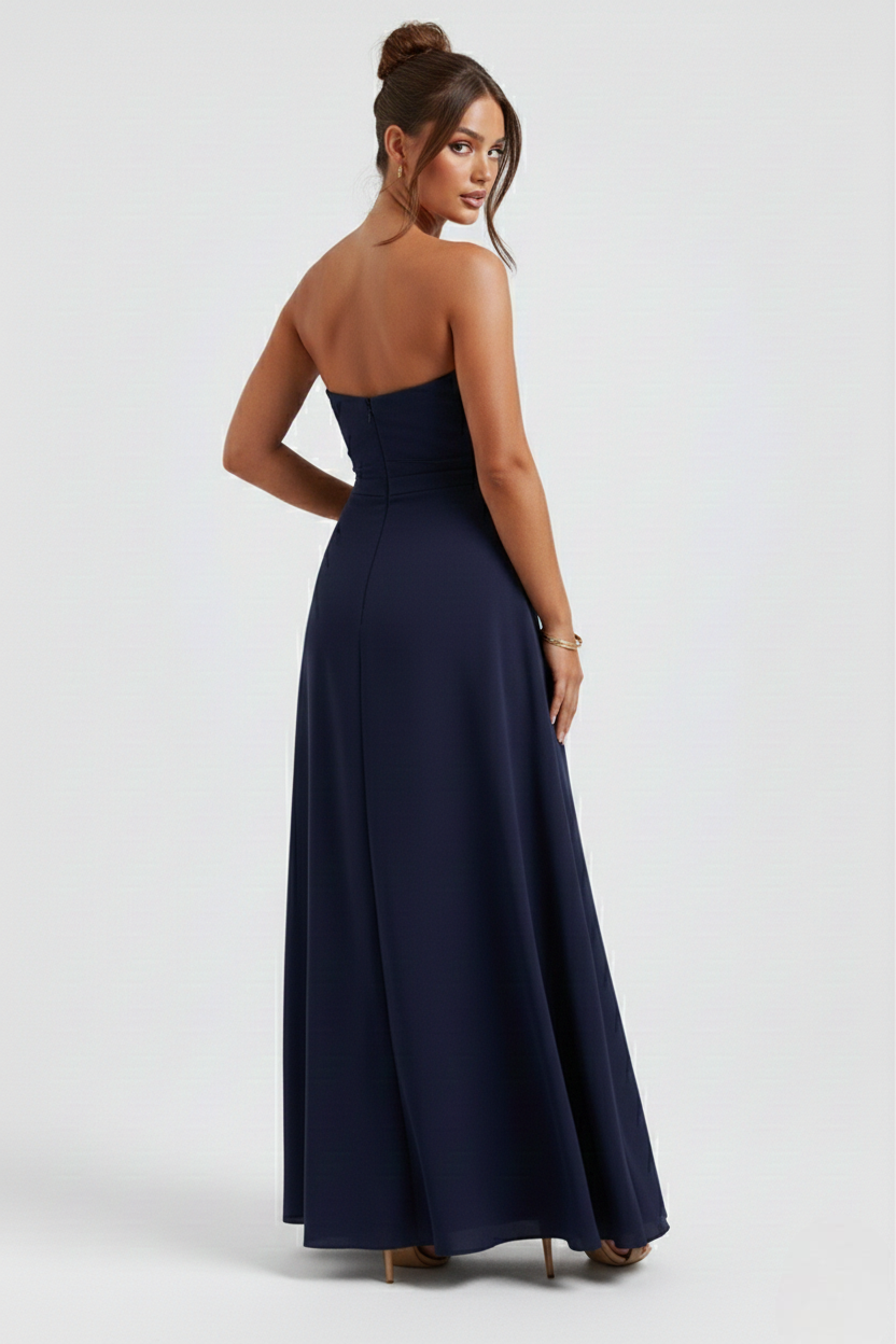 Women's Strapless Maxi Dress with High Split and Draped Panel