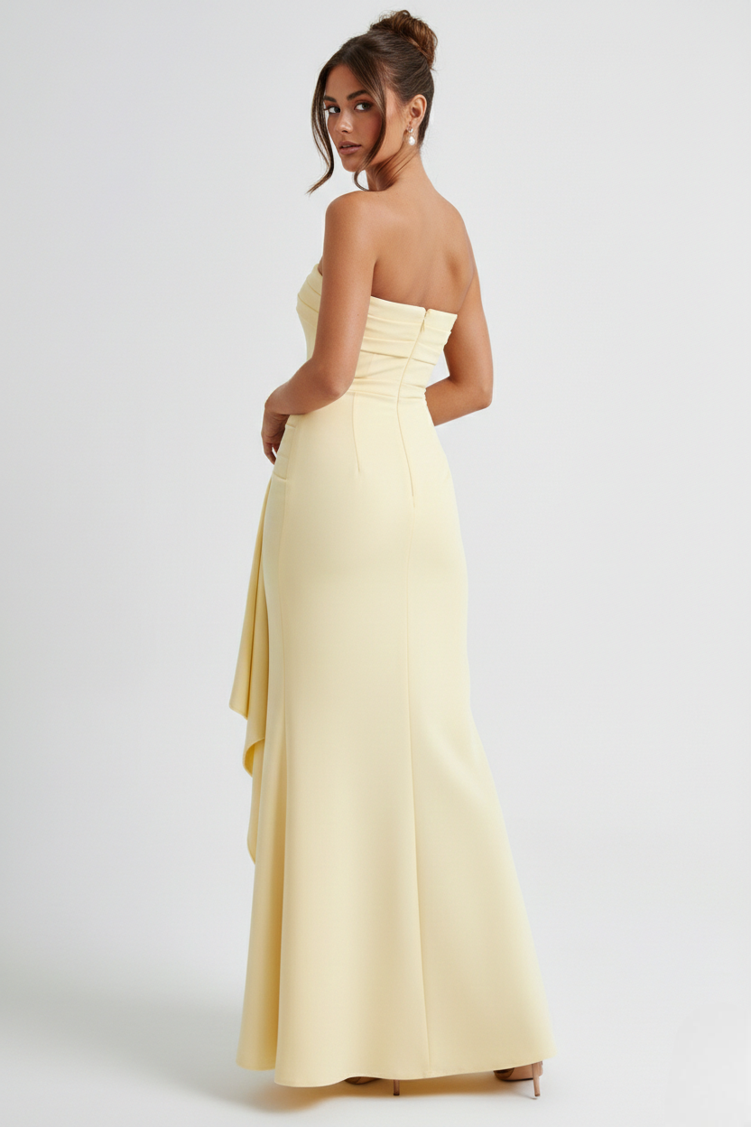 Women's Strapless Maxi Dress with High Split and Draped Panel