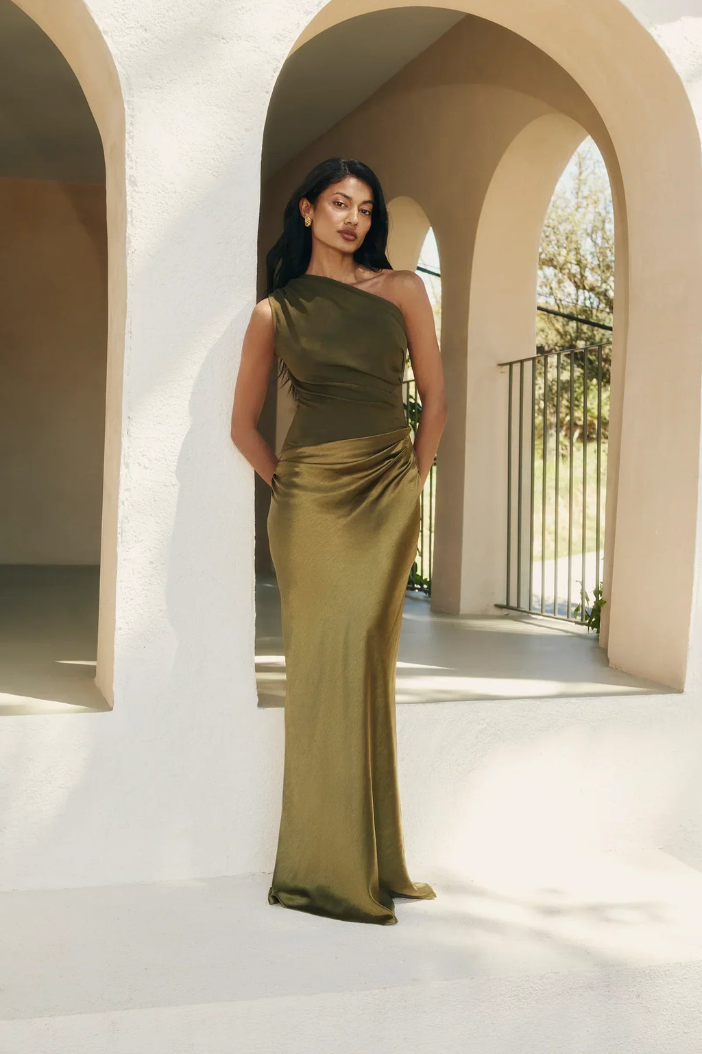Asymmetric Neck Fitted Maxi Dress