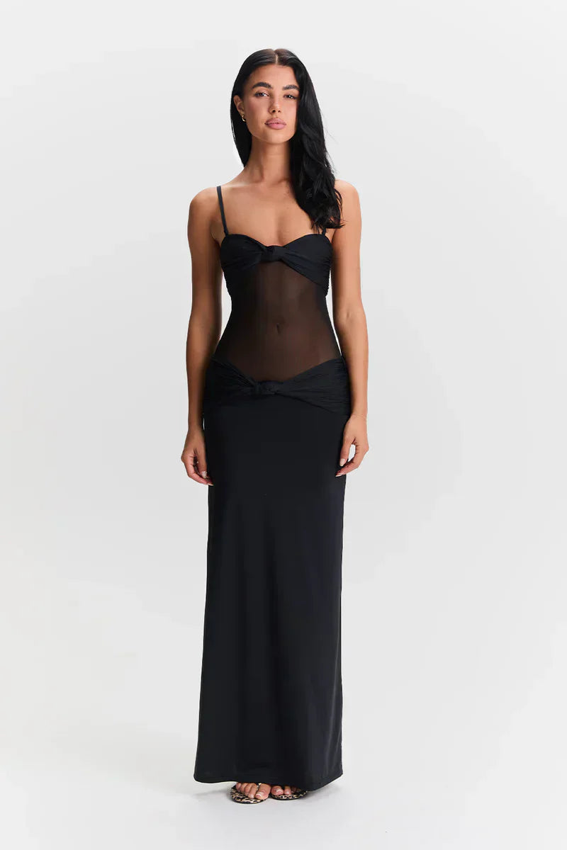 Women's Sheer Mesh Bodycon Maxi Dress with Strapless Bustier Design