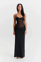 Women's Sheer Mesh Bodycon Maxi Dress with Strapless Bustier Design