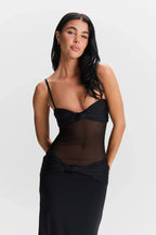 Women's Sheer Mesh Bodycon Maxi Dress with Strapless Bustier Design