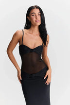 Women's Sheer Mesh Bodycon Maxi Dress with Strapless Bustier Design