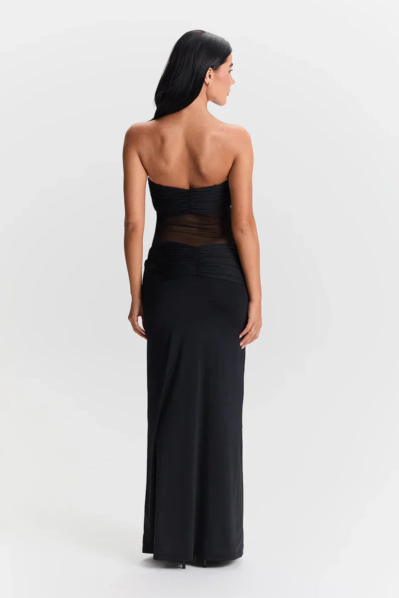 Women's Sheer Mesh Bodycon Maxi Dress with Strapless Bustier Design