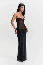 Women's Sheer Mesh Bodycon Maxi Dress with Strapless Bustier Design