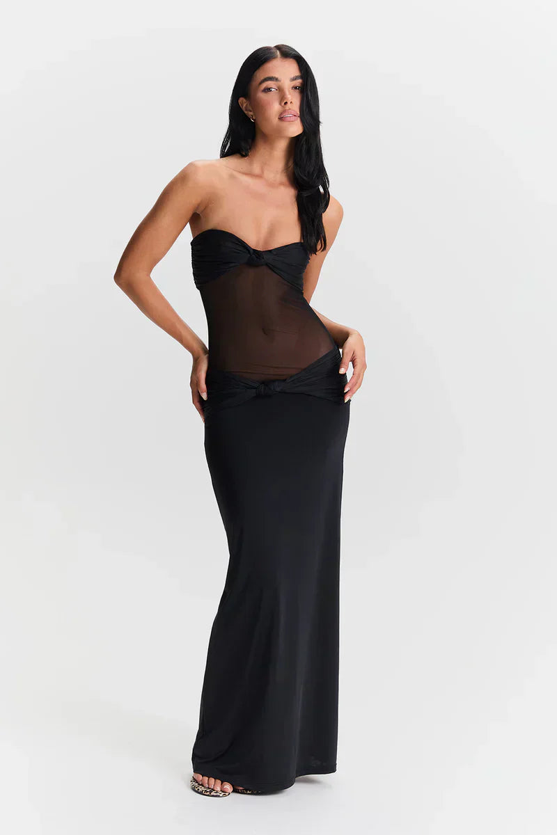 Women's Sheer Mesh Bodycon Maxi Dress with Strapless Bustier Design