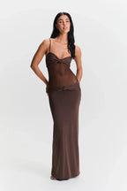 Women's Sheer Mesh Bodycon Maxi Dress with Strapless Bustier Design