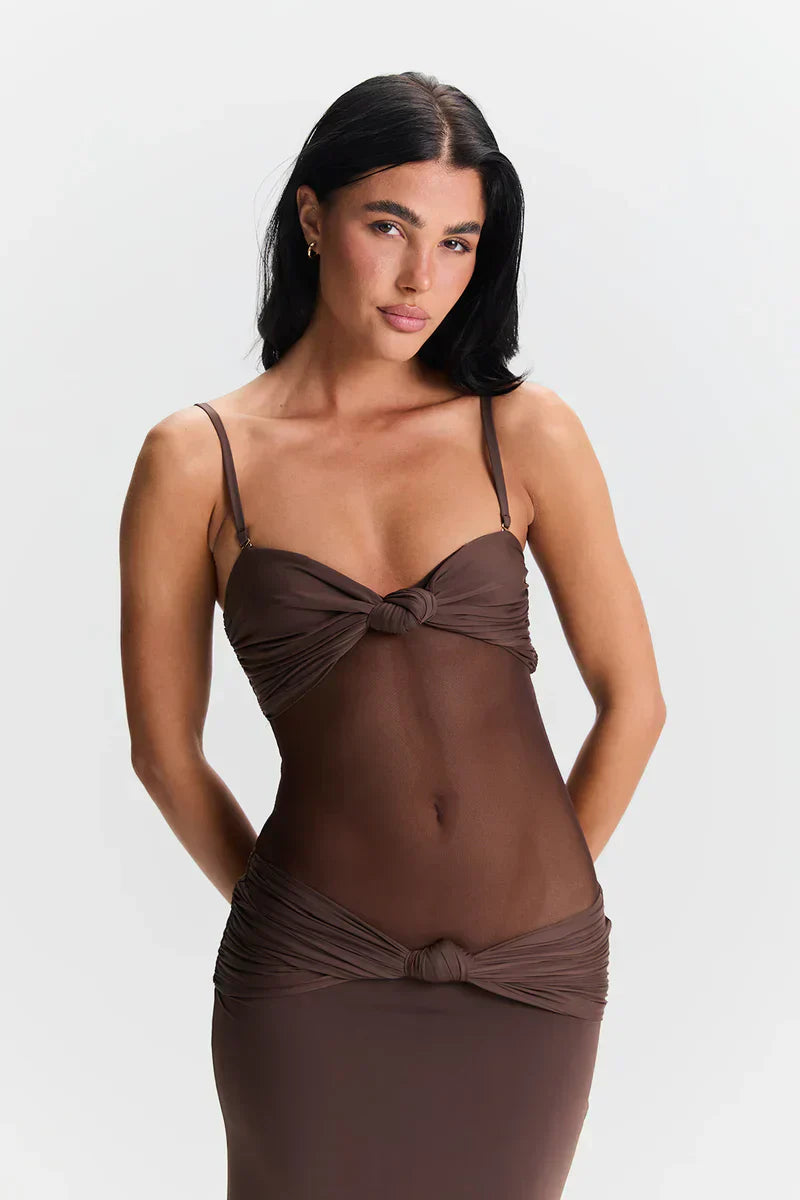 Women's Sheer Mesh Bodycon Maxi Dress with Strapless Bustier Design