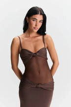 Women's Sheer Mesh Bodycon Maxi Dress with Strapless Bustier Design