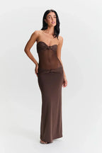 Women's Sheer Mesh Bodycon Maxi Dress with Strapless Bustier Design