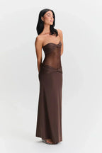 Women's Sheer Mesh Bodycon Maxi Dress with Strapless Bustier Design