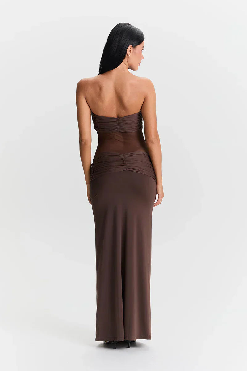 Women's Sheer Mesh Bodycon Maxi Dress with Strapless Bustier Design