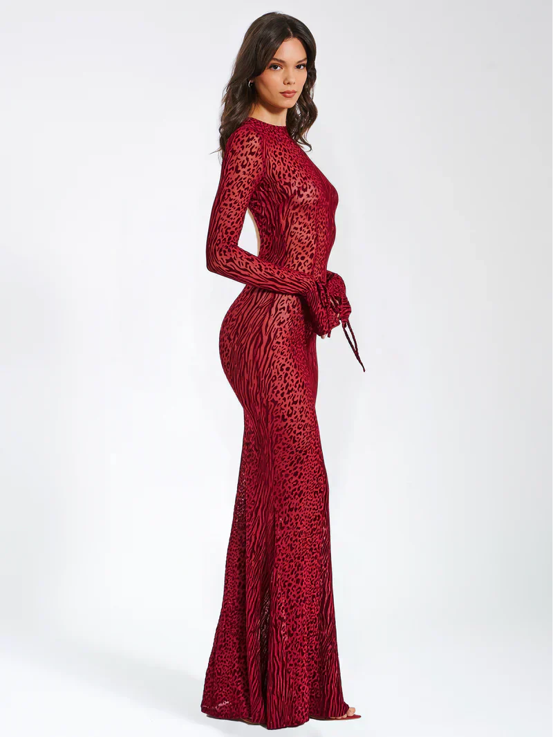Women's Animal Print Fitted Maxi Dress Long Sleeve Open Back