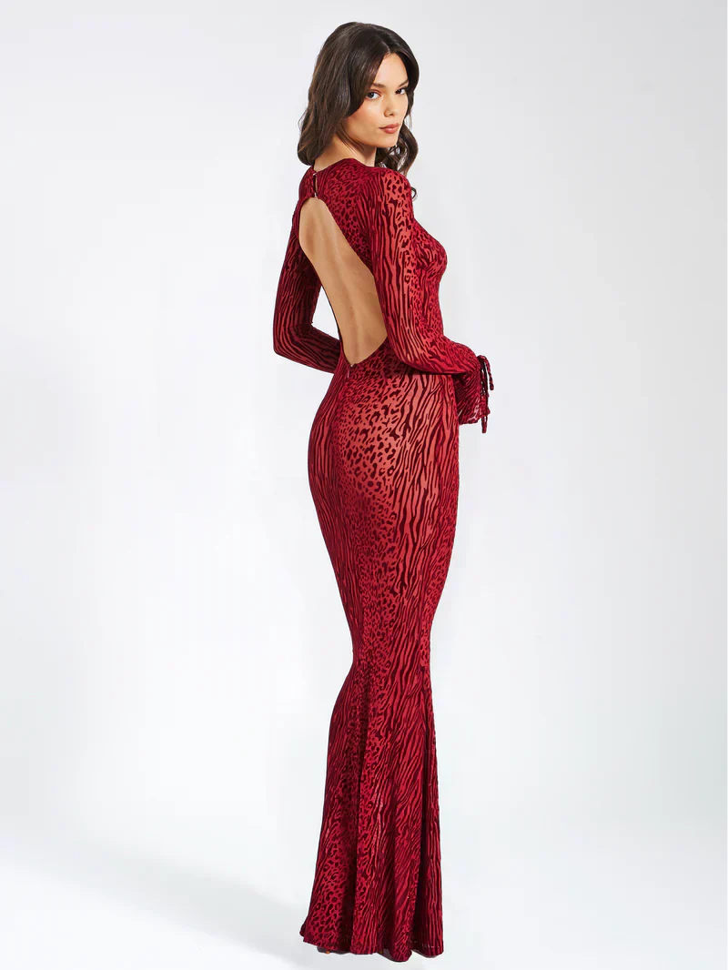 Women's Animal Print Fitted Maxi Dress Long Sleeve Open Back